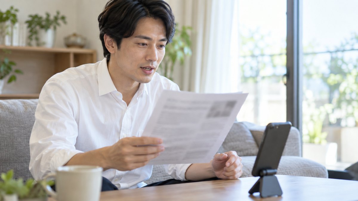 休日の朝、自宅のリビングの窓ぎわのソファで、白いシャツ姿の30代の男性会社員がスマホを小さな台に立てて録音しながら、ニュース記事を印刷した紙を手に持って声に出して読んでいる近景。スマホの画面は見えない角度で、紙の文字は読めないほどぼけている