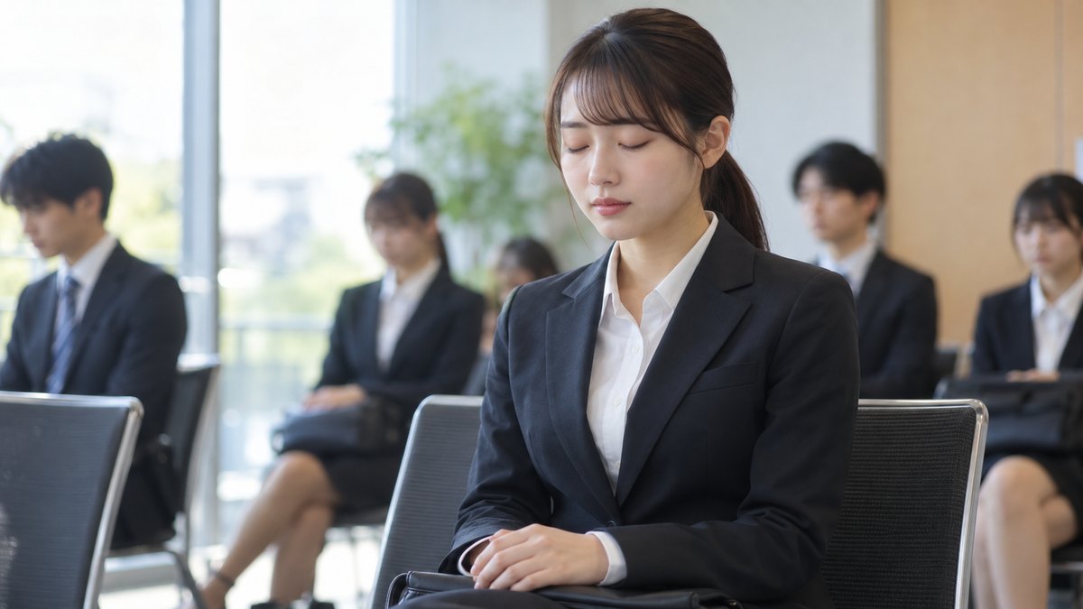 平日の朝、放送局の採用試験の控室で、スーツ姿の20代前半の女子大学生が椅子に座って膝の上で手を重ね、目を閉じてゆっくり息を吐いている近景。奥に順番を待つ学生がぼけて見える。掲示物や扉に文字は見えない