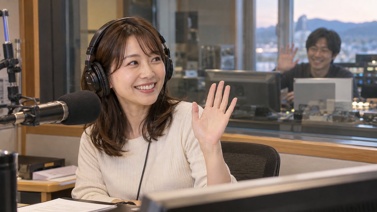 平日の夕方、地方のラジオ局の小さな放送ブースで、30代の女性のパーソナリティがヘッドホンをつけてマイクの前に座り、ガラス越しのスタッフに笑顔で手を上げて合図している近景。機材や壁に文字は見えない