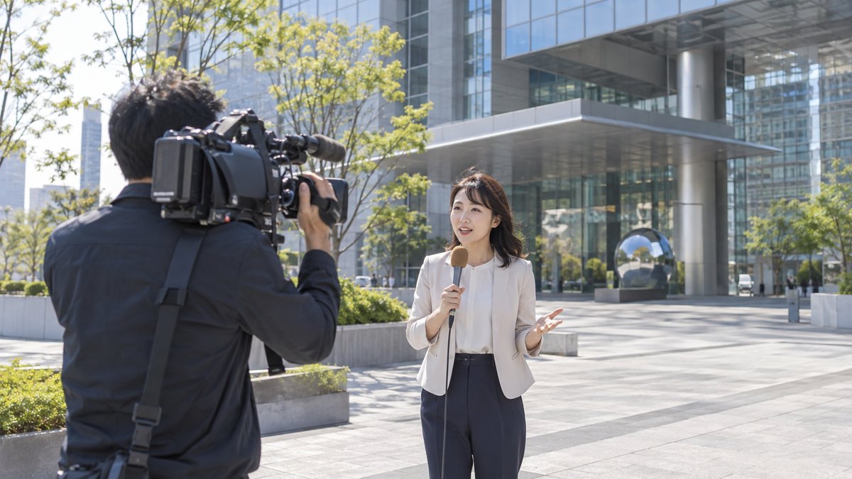 平日の昼、テレビ局の社屋の前の広場で、30代の女性リポーターがマイクを手にカメラに向かって話し、40代の男性カメラマンが肩にカメラを担いで撮影している遠景。建物や看板に文字は見えない