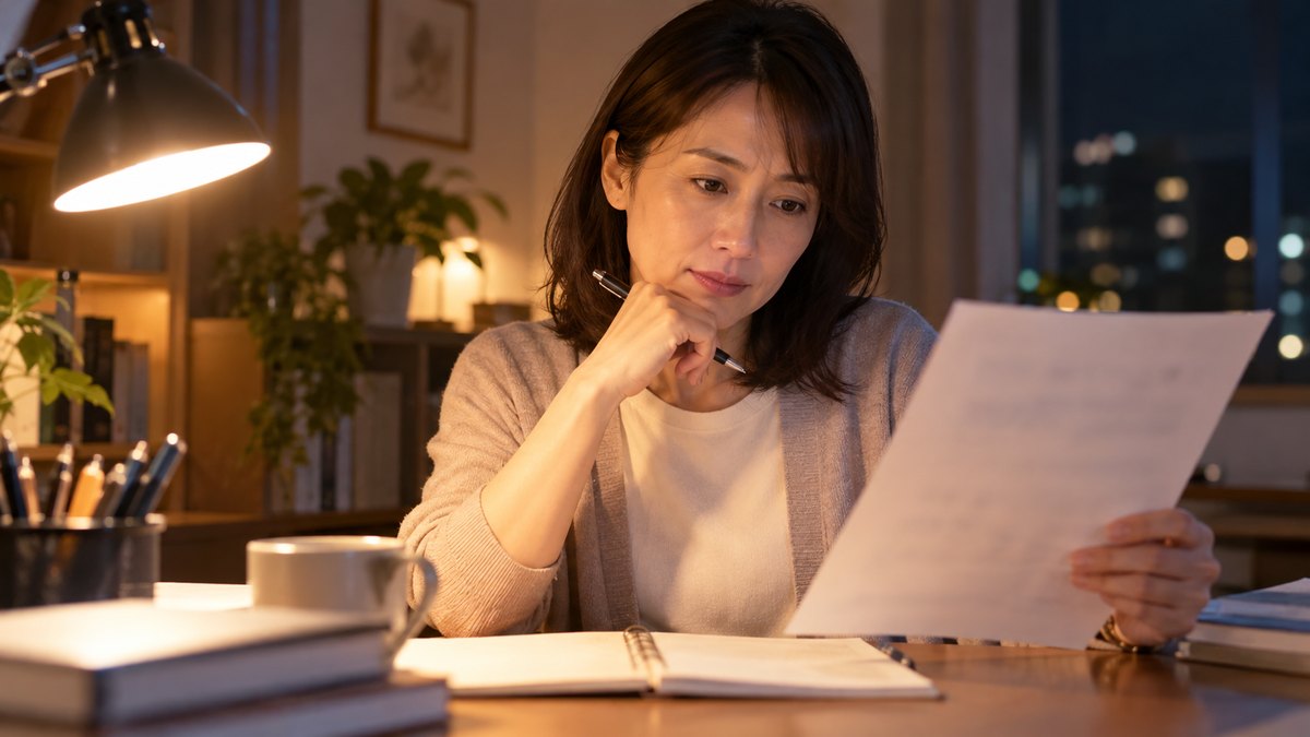 夜、自宅の書斎の机で、40代の女性会社員がスタンドの明かりの下で検定の案内の紙を手に取り、ノートに予定を書き込みながら考えている近景。紙とノートの文字は読めないほどぼけている