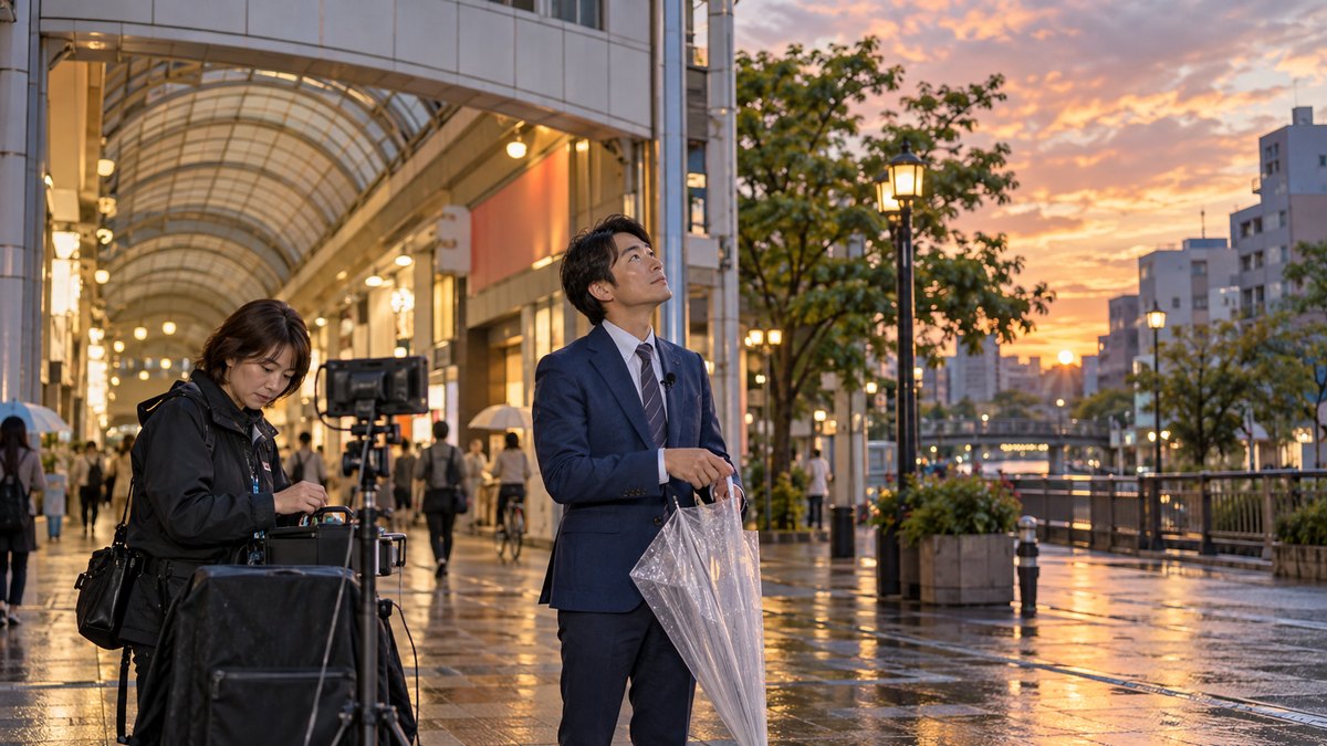 雨上がりの夕方、商店街のアーケードの入り口で、30代の男性の気象キャスターが傘をたたみながら空を見上げ、横で40代の女性ディレクターが中継の準備をしている遠景。看板や店の文字は見えない