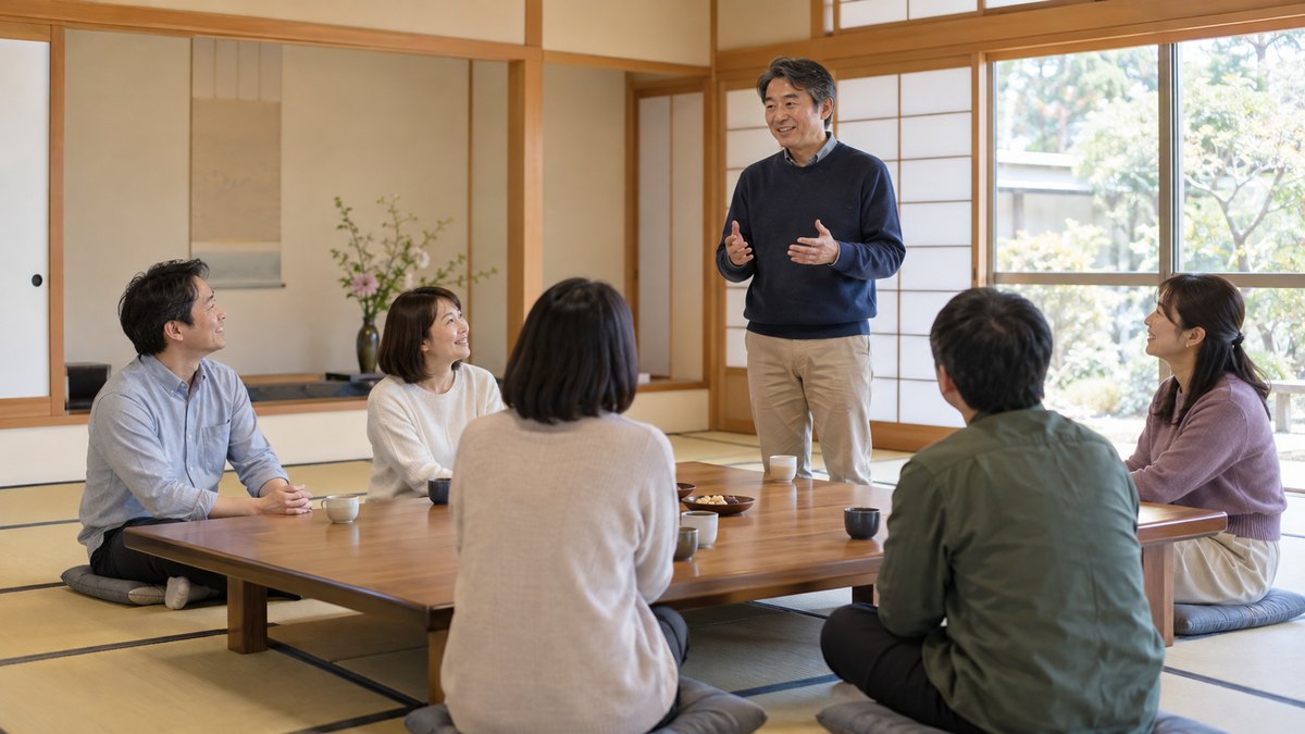週末の午後、地域の公民館の明るい和室で、30代から50代の社会人6人が座卓を囲んで座り、1人の50代の男性が立って短いスピーチをしていて、仲間がほほえみながら聞いている遠景。壁や掲示物に文字は見えない