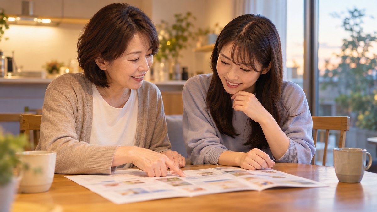 週末の夕方、自宅のダイニングのテーブルで、50代の母親と20代前半の娘が並んで座り、テーブルに広げた資格の案内のパンフレットを指さしながら話している近景。パンフレットの文字は読めないほどぼけている