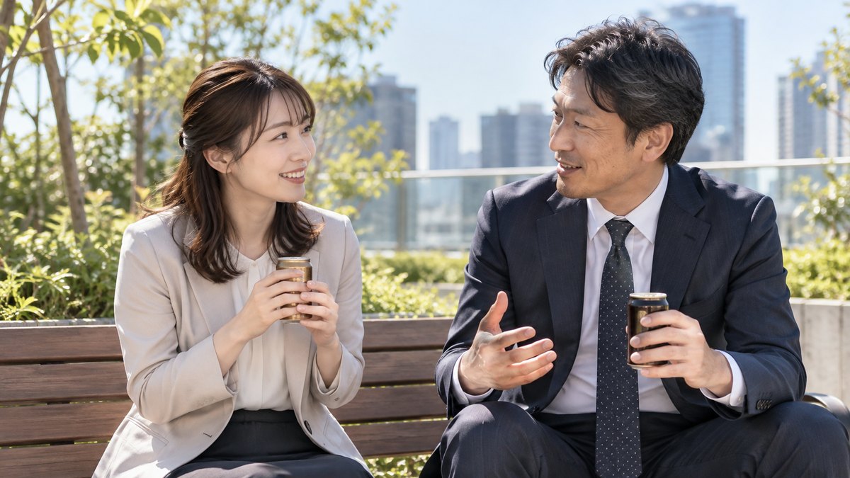 平日の昼休み、オフィスビルの屋上庭園のベンチで、30代の女性会社員と40代の男性の先輩が並んで座り、缶コーヒーを手にして穏やかに相談している近景。看板や建物に文字は見えない