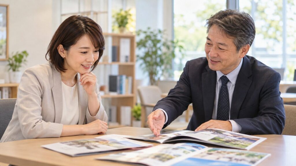 学校の入学相談の部屋で、男性の相談員と学校案内を見比べながら進路を相談する女性会社員