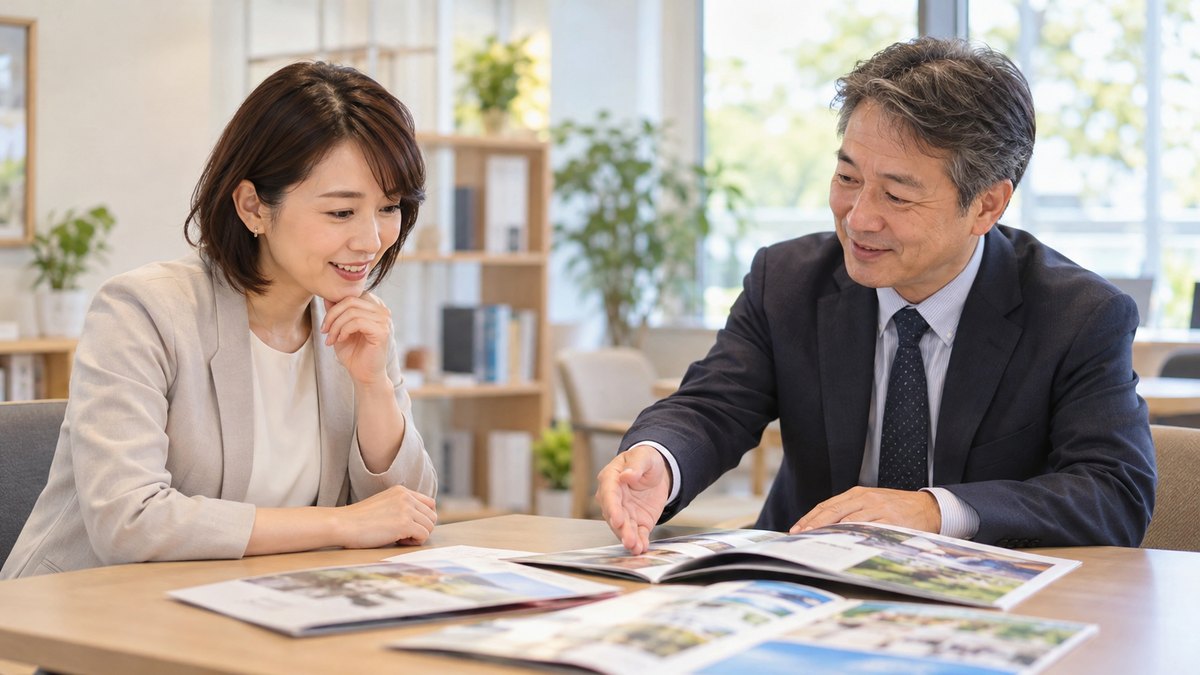 学校の入学相談の部屋で、男性の相談員と学校案内を見比べながら進路を相談する女性会社員