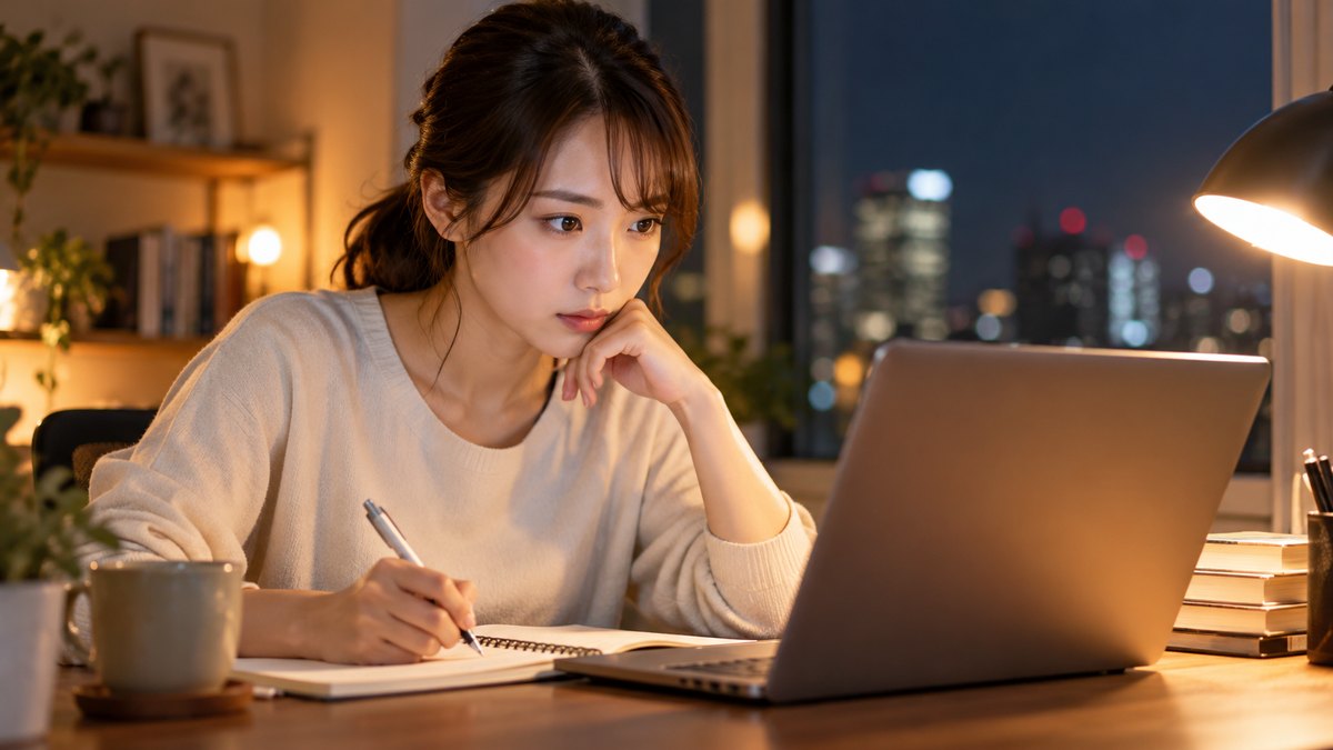 夜、自宅の書斎の机で、20代後半の女性会社員がノートパソコンを開き、手元のノートに条件を書き出しながら真剣な表情で調べものをしている近景。画面とノートの文字は読めない
