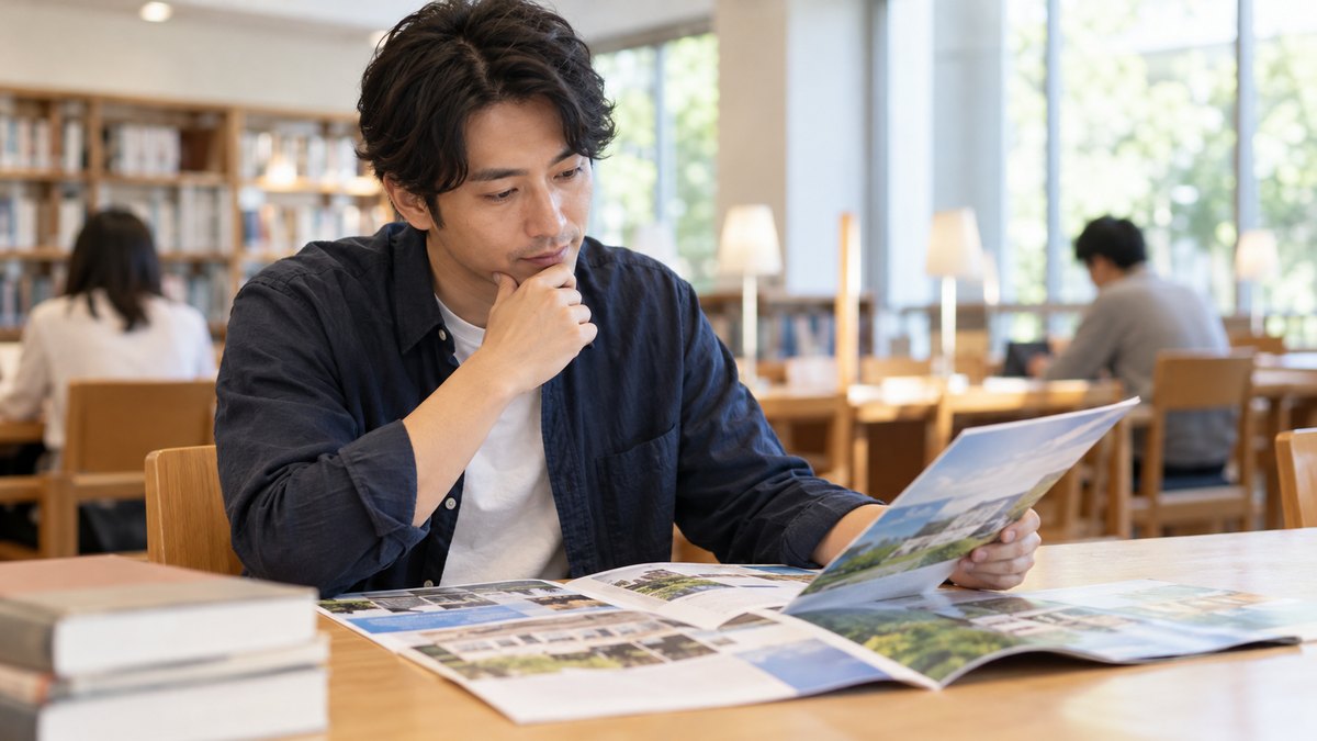 休日の午後、図書館の明るい閲覧席で、30代の男性が数冊の学校案内のパンフレットを机に広げ、見比べながら考えている近景。パンフレットの文字は読めない