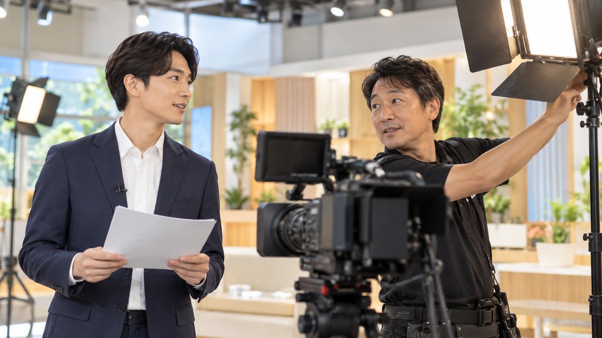 明るい放送実習スタジオで、20代後半の男性がテレビカメラの前に立って原稿を持ち、照明の位置を直している40代の男性スタッフと目を合わせて確認している近景。カメラや原稿、壁に文字やロゴは無い