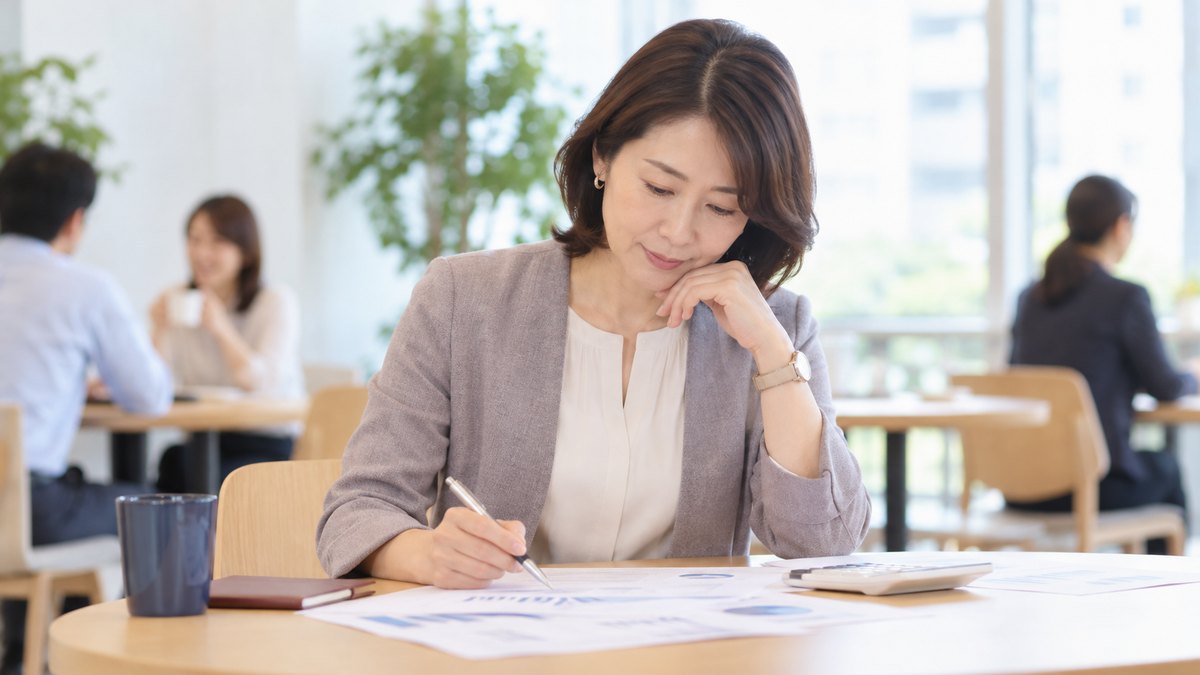 平日の昼休み、会社の明るい休憩室のテーブルで、40代の女性会社員が電卓と数枚の資料を前に、項目に印をつけながら落ち着いた表情で考えている近景。資料と電卓の文字や数字は読めない