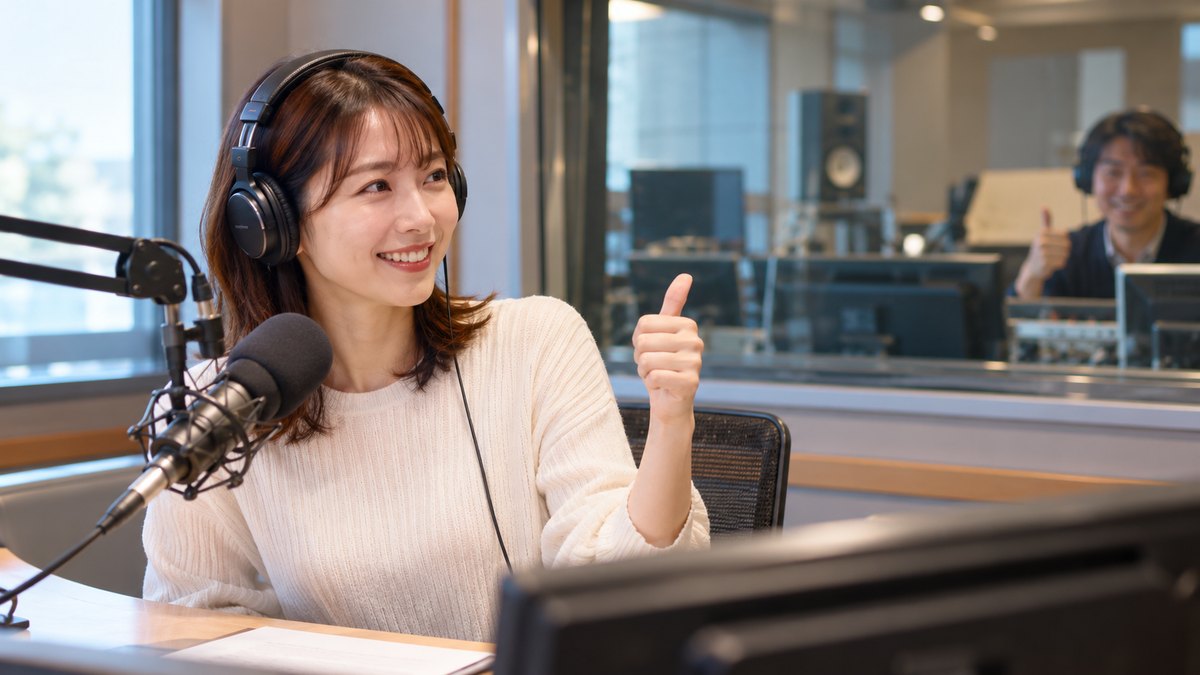 午後、ラジオ局の小さな放送ブースで、30代の女性パーソナリティーがヘッドホンをつけてマイクの前に座り、ガラス越しのスタッフに笑顔で合図を送っている近景。機材やガラスに文字やロゴは無い