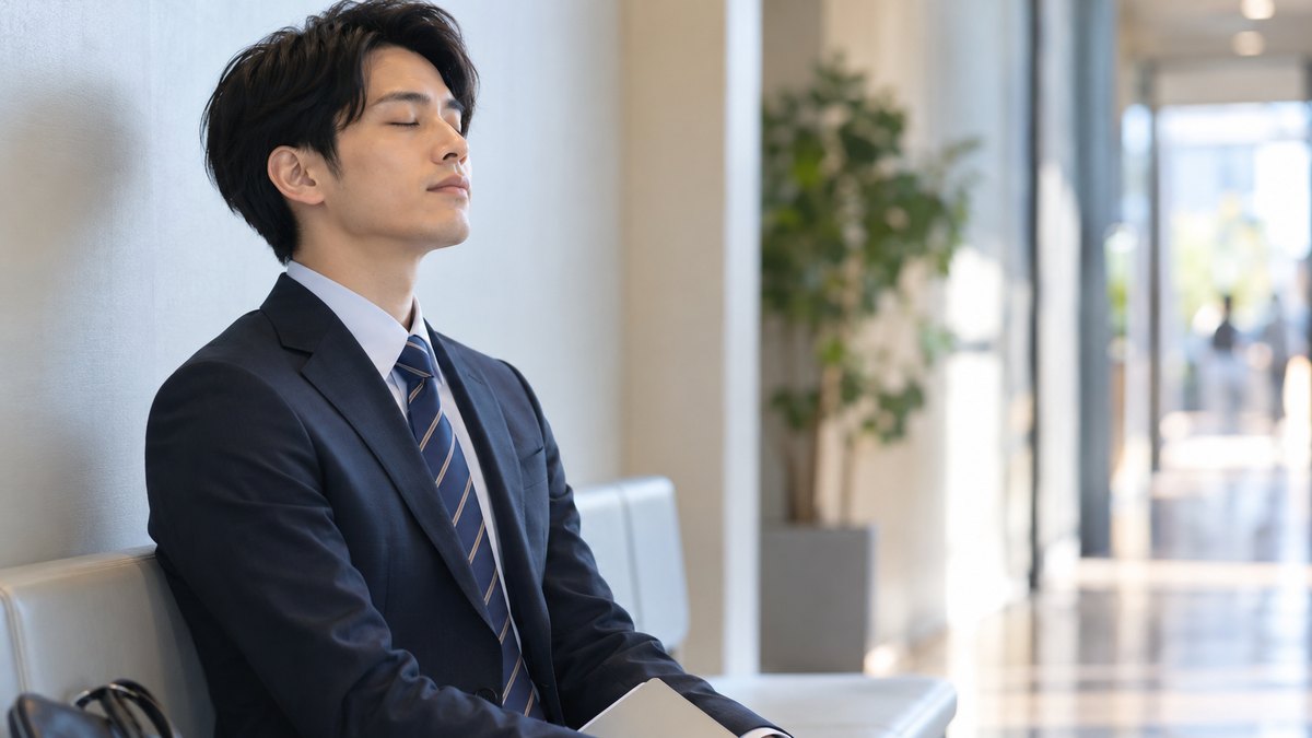 朝、会社の静かな廊下のベンチで、20代後半の男性が背すじを伸ばして座り、目を閉じてゆっくり息を吐きながら面接の順番を待っている近景。壁や手元の紙の文字は見えない