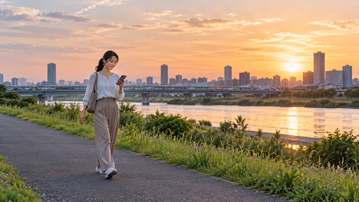 夕方、河川敷の遊歩道を、30代の女性がイヤホンをつけて歩きながら、スマホに録音した自分の声を聞いて小さくうなずいている遠景。スマホの画面の文字は見えない