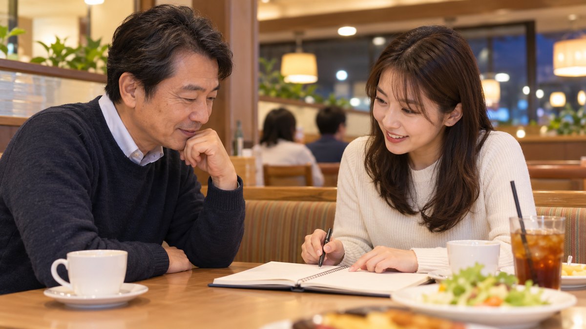 平日の夜、ファミリーレストランのテーブルで、50代の父親と20代後半の娘が向かい合って座り、娘が開いたノートを2人で見ながら穏やかに進路の話をしている近景。ノートやメニューの文字は読めない