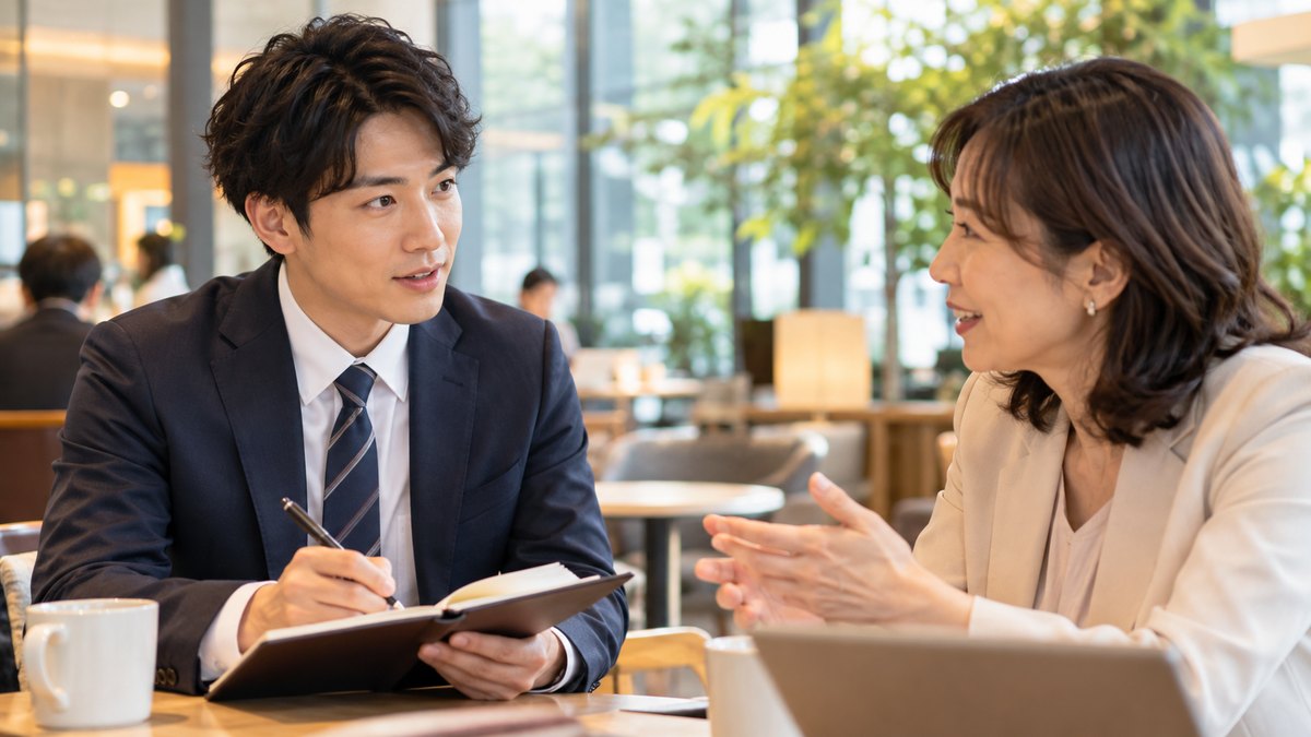 平日の夕方、オフィスビルの1階の明るいカフェスペースで、20代後半の男性が向かいに座る40代の女性の先輩に質問しながら、手帳にメモを取っている近景。手帳の文字は読めない
