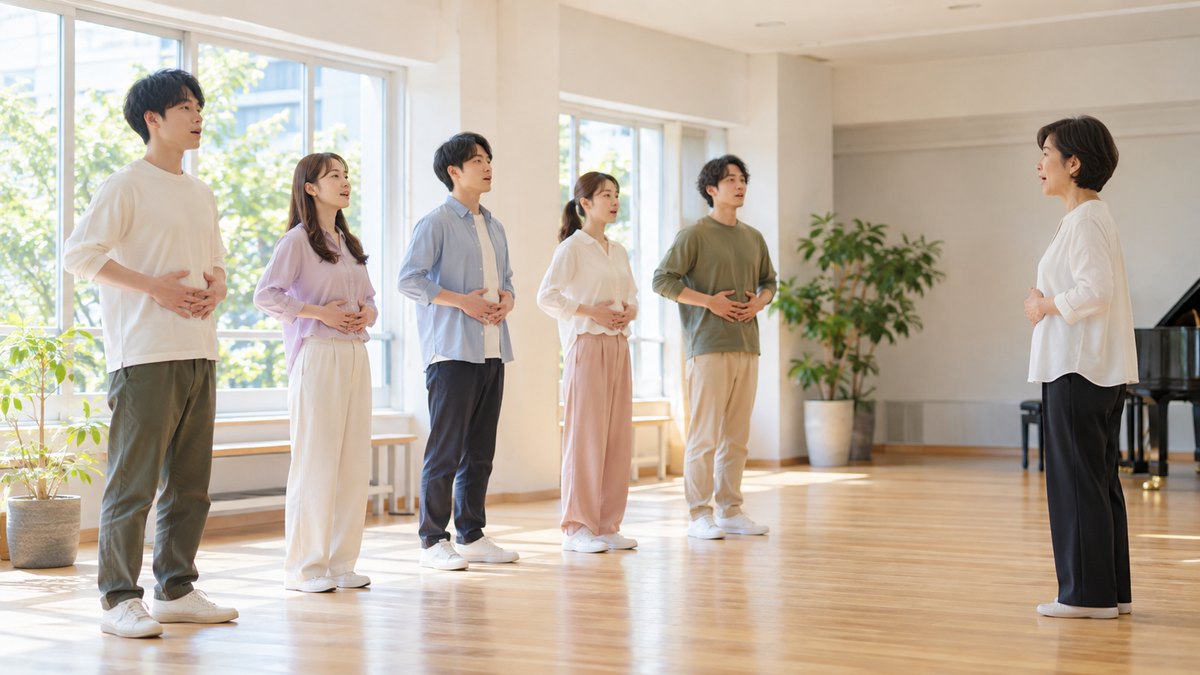 昼、明るい発声練習用の教室で、20代の男女5人ほどが横一列に立ち、前に立つ50代の女性講師の合図に合わせて、おなかに手を当てて腹式呼吸の練習をしている遠景。壁や床に文字は無い