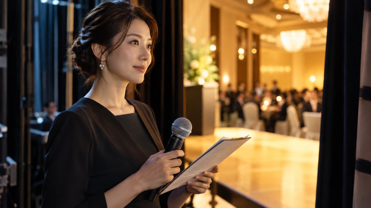 夕方、ホテルの宴会場の舞台袖で、30代の女性司会者がワイヤレスマイクと進行表を手に持ち、落ち着いた表情で出番を待っている近景。進行表の文字は読めない