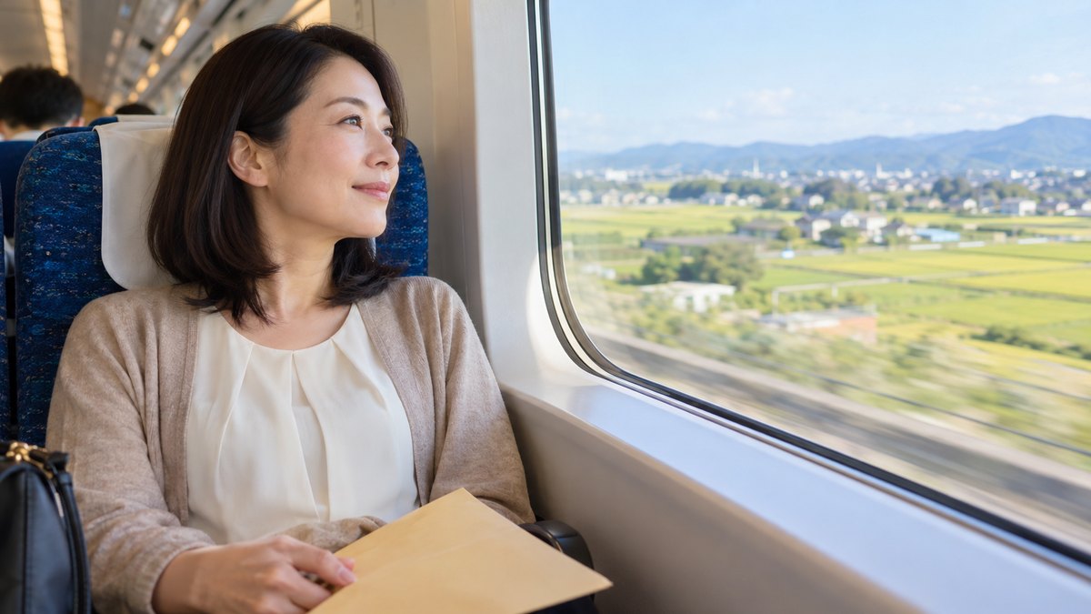 朝、新幹線の車内の窓側の席で、40代の女性が膝の上に学校案内の封筒を置き、窓の外の田園の景色を穏やかな表情で見ている近景。封筒や車内の文字は見えない
