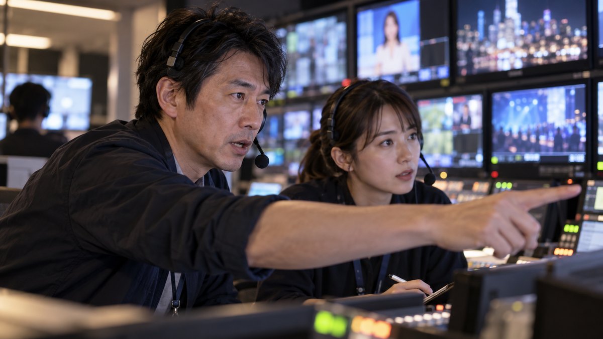 夜、テレビ局の副調整室で、40代の男性ディレクターがヘッドセットをつけて並んだモニターを見つめ、隣の30代の女性スタッフに指示を出している近景。モニターの映像はぼけていて文字は読めない
