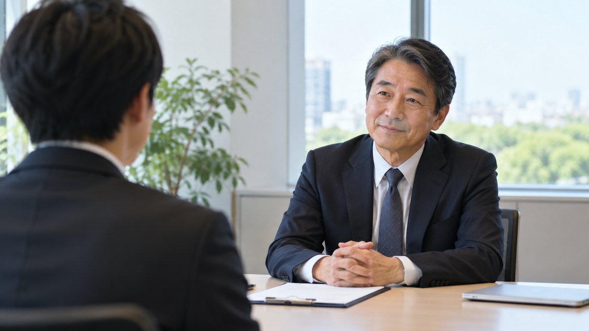 午後、会社の静かな面接室で、50代の男性面接官が穏やかにうなずきながら、手前に座る応募者の話を聞いている。応募者は手前に背中だけ写る。机の書類の文字は見えない