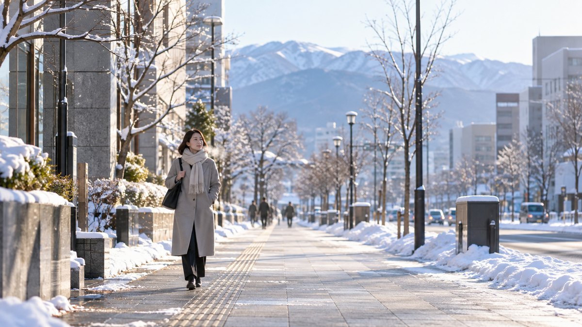 冬の朝、雪の残る北国の街の広い歩道を、コートを着た30代の女性会社員が白い息をはきながら前を向いて歩いている遠景。看板や標識の文字は見えない