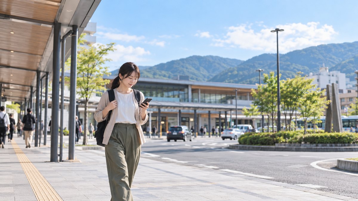 午前、地方都市の駅前のロータリーを、リュックを背負った20代後半の女性がスマホの地図を確かめながら歩いている遠景。看板や案内板の文字は見えない