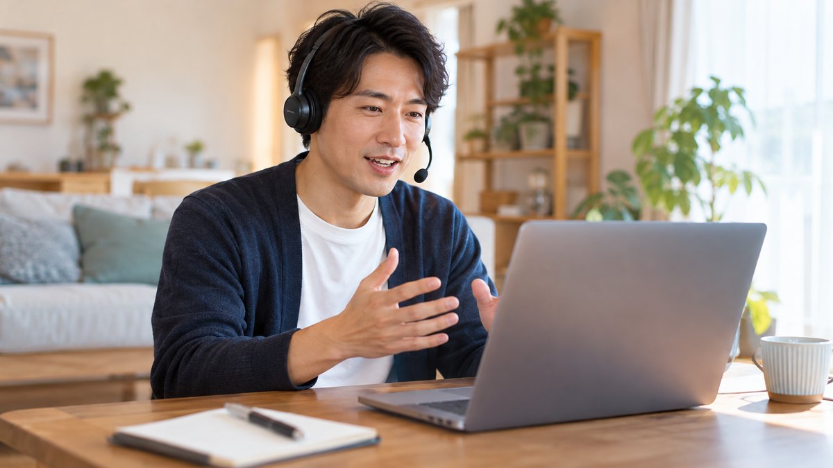休日の朝、自宅のリビングで、30代の男性がノートパソコンの前に座り、ヘッドセットをつけて画面の向こうの講師とオンラインで話し方の練習をしている近景。画面の文字は見えない