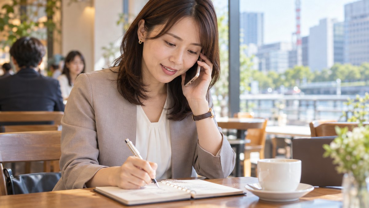 平日の昼、テレビ局の近くの明るいカフェのテーブルで、30代の女性会社員がメモ帳を開き、電話で学校の説明会の日程を確かめながら書き込んでいる近景。メモ帳の文字は読めない