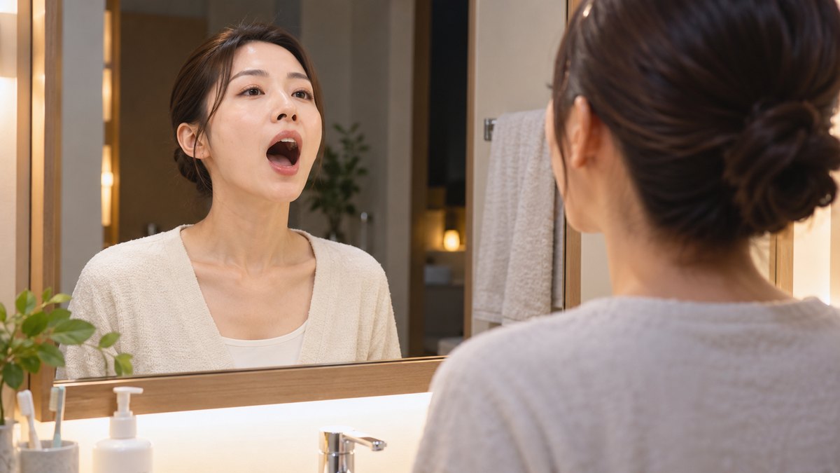 夜、自宅の洗面所の鏡の前で、30代の女性が背すじを伸ばし、口を大きく開けて母音の発声練習をしている近景。鏡に映る顔もはっきり見える。文字は無い