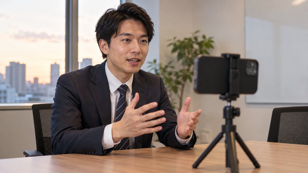 平日の夕方、会社の小さな会議室で、30代の男性会社員が机の上の三脚に立てたスマホに向かって原稿を持たずに話し、自分の話す様子を撮影している近景。スマホの画面の文字は見えない
