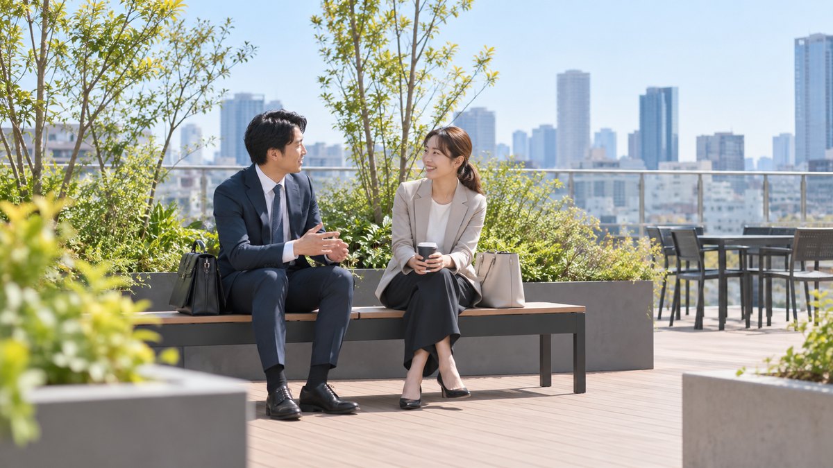 平日の昼休み、オフィスビルの屋上テラスで、30代の男女2人の会社員がベンチに並んで座り、片方が短い自己紹介を話し、もう片方が笑顔で聞いている遠景。文字は無い