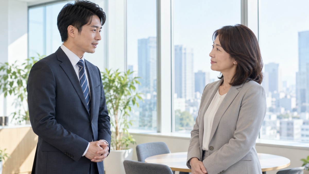 オフィスの窓際で上司に向き合い誠実な表情で話す男性社員