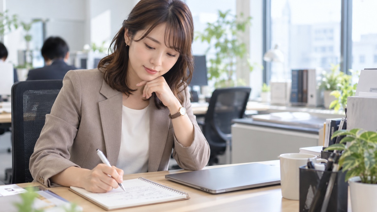 自分のデスクでメモに話す順番を書いて整理する女性社員