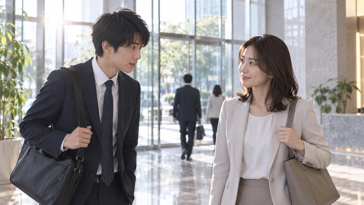 朝の会社のエントランスで先輩に声をかける男性社員