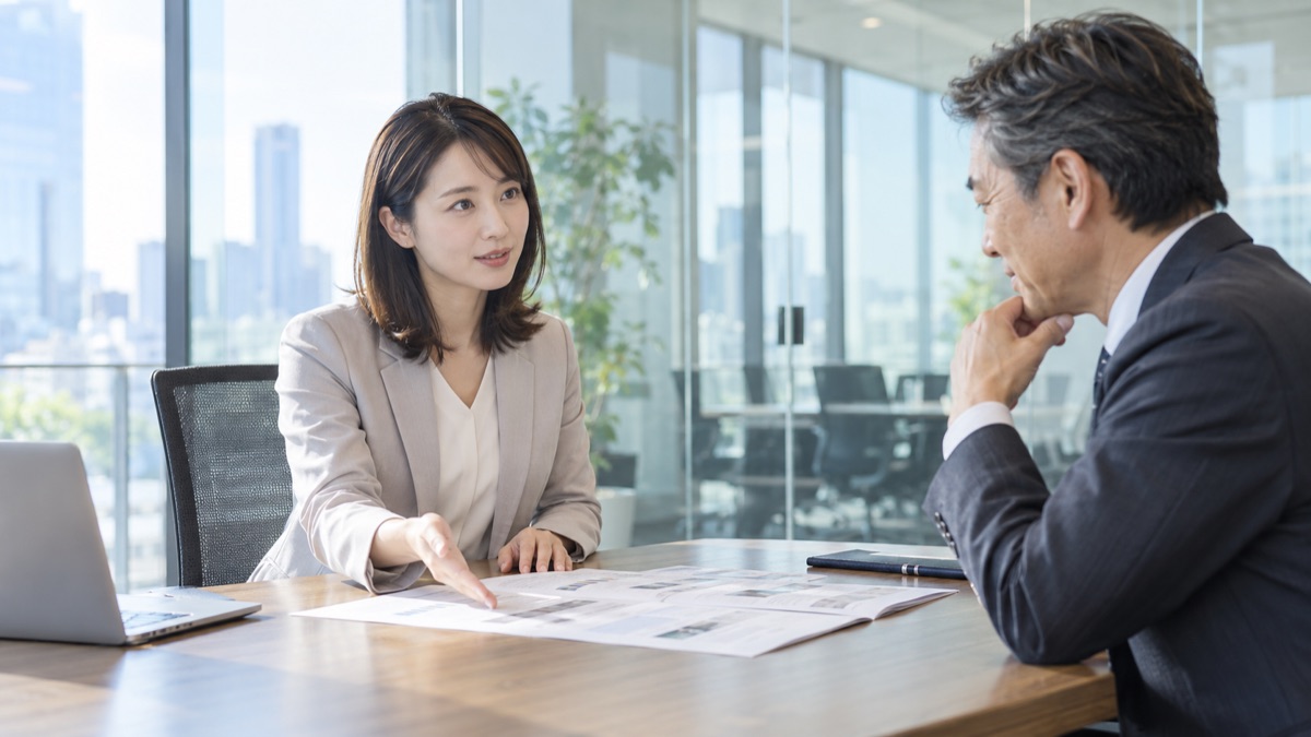 会議室で資料を示しながら取引先に落ち着いて説明する女性社員