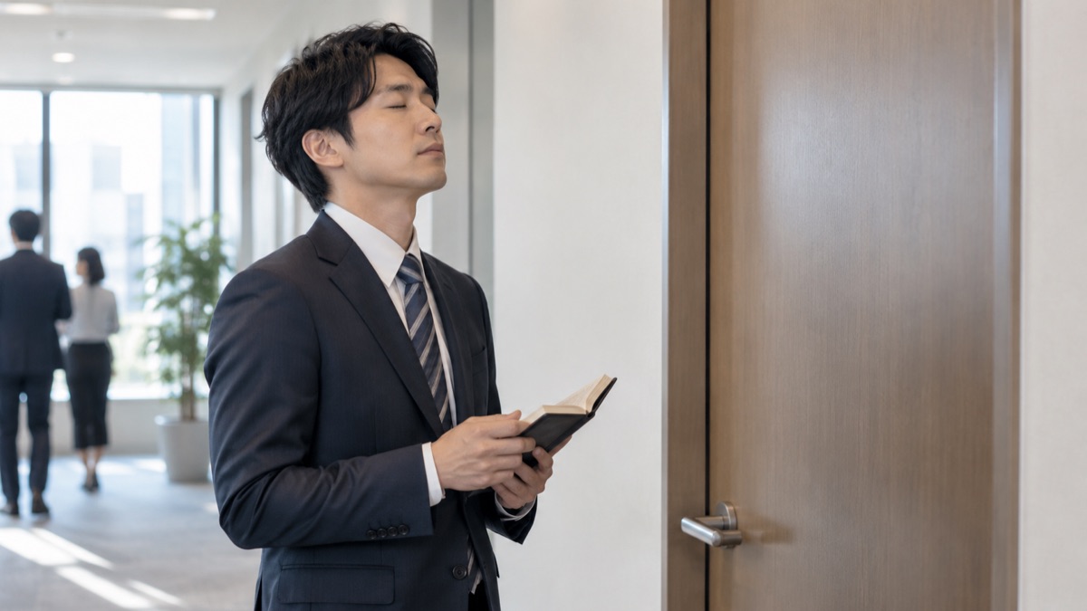 会議室の前の廊下で手帳を見ながら深呼吸する男性社員