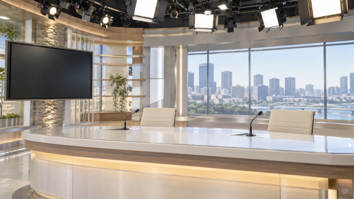 誰もいないテレビ局のニューススタジオのアナウンサー席