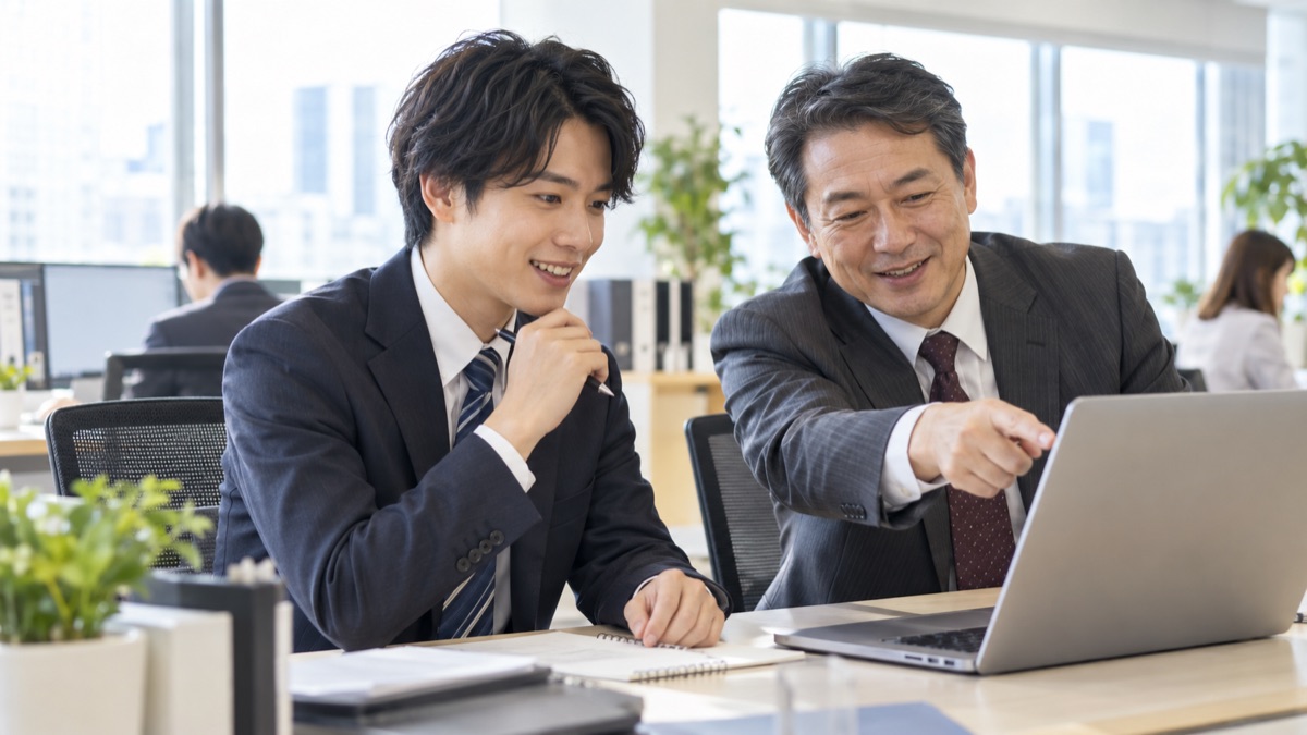 翌日のオフィスで上司と並んで和やかに打ち合わせする若手社員