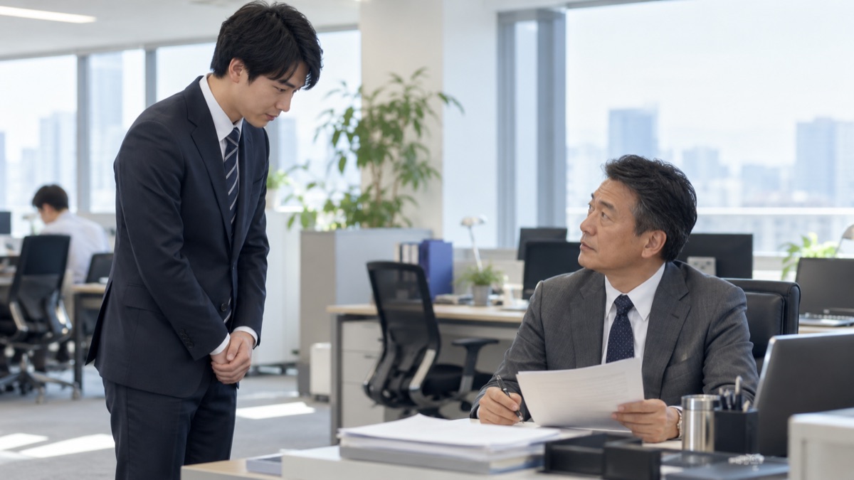 上司の席の横に立って軽く頭を下げて報告する男性社員