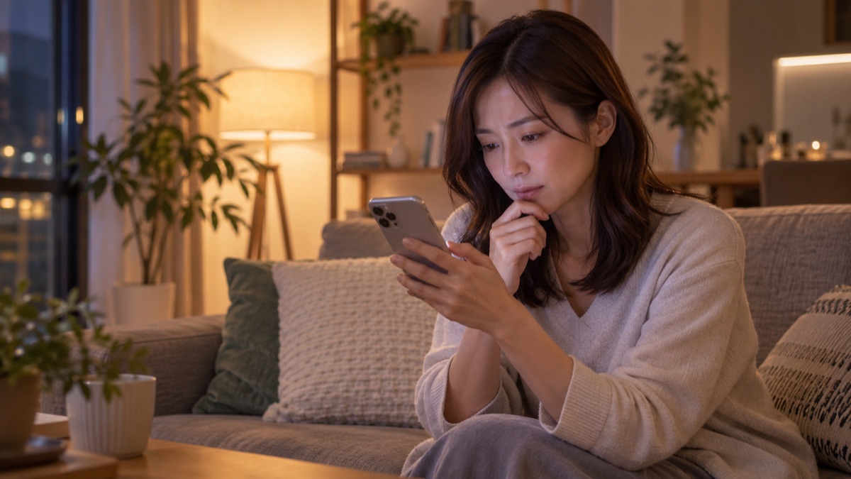 夜の自宅のソファでスマートフォンを持って考える女性