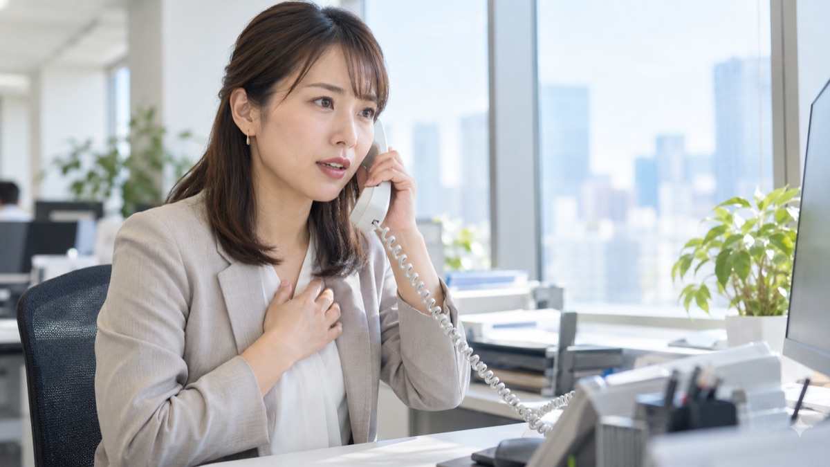 オフィスの窓際で受話器を持ち丁寧に電話で話す女性社員