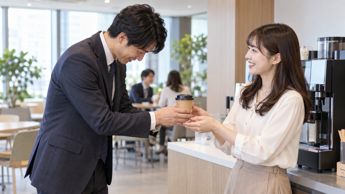 休憩スペースで同僚にコーヒーを渡しながら軽く頭を下げる男性社員