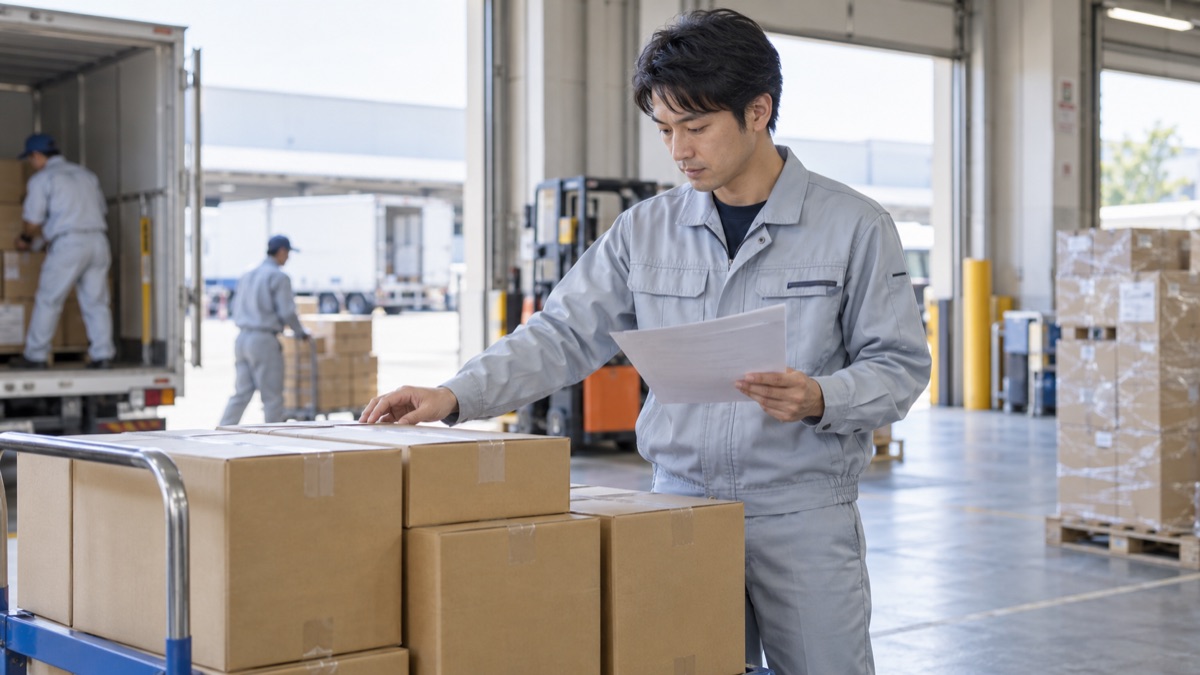 物流倉庫の出荷場で伝票と段ボールの数を照らし合わせる男性社員