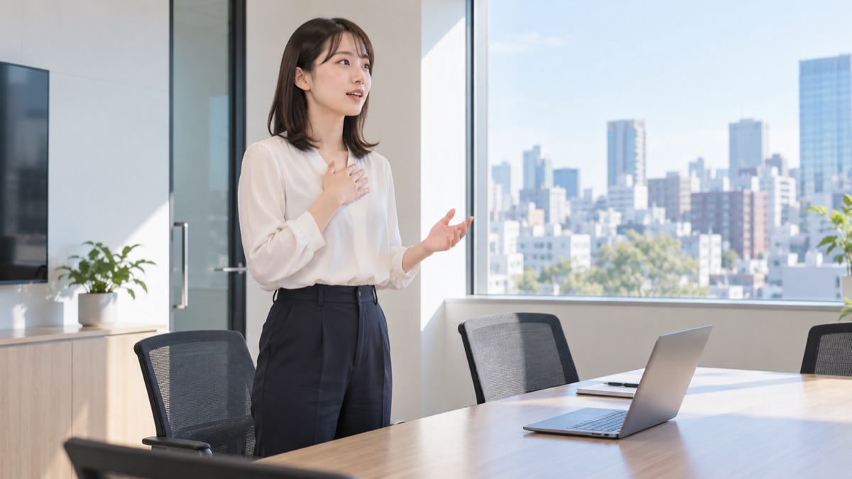 小さな会議室で胸に手を当てて声に出して練習する女性社員