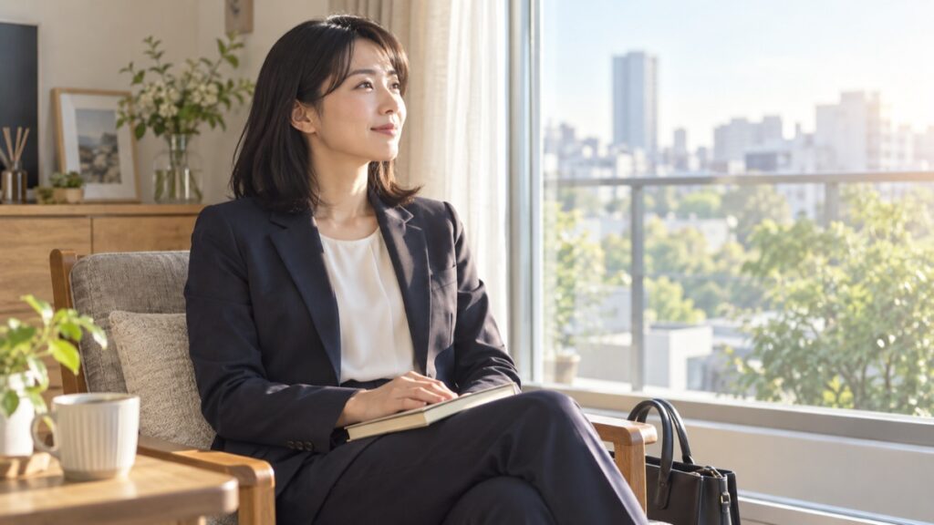 出勤前の自宅の窓辺で、アサーションの本を閉じて前を向く女性会社員