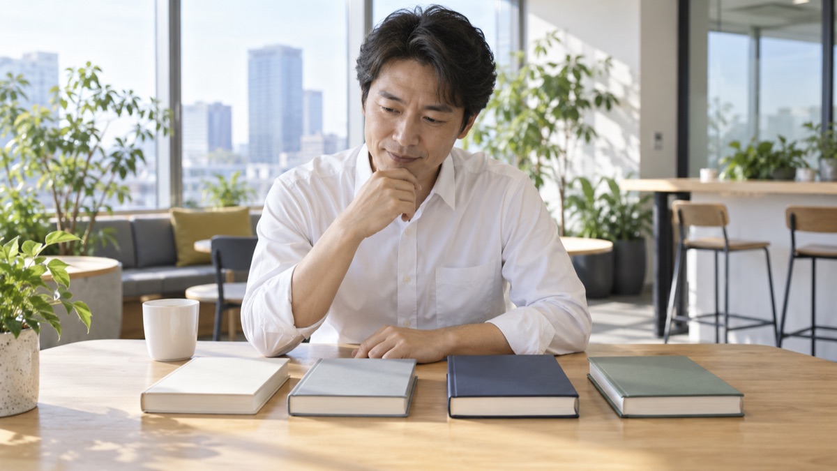休憩スペースのテーブルに本を並べて、どれを読むか見比べる男性会社員