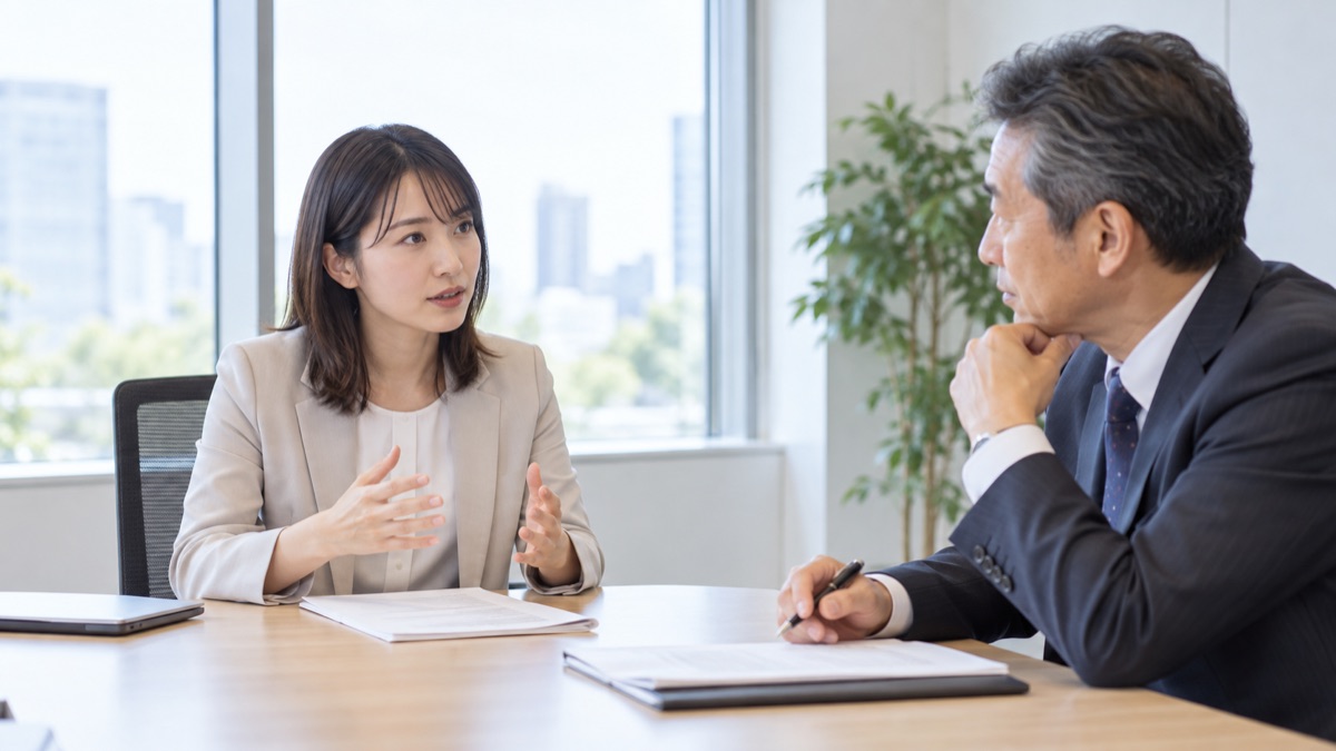 会議室で、上司に落ち着いて自分の意見を伝える女性社員