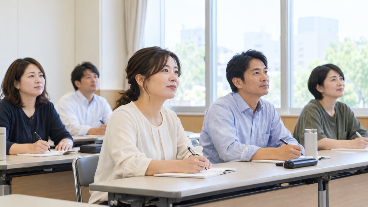 研修室で、ノートを取りながら話を聞く大人の受講者