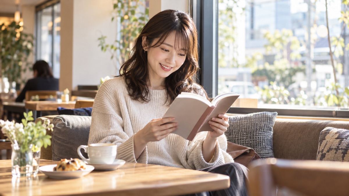 カフェの窓際で、マンガの本を楽しそうに読む女性